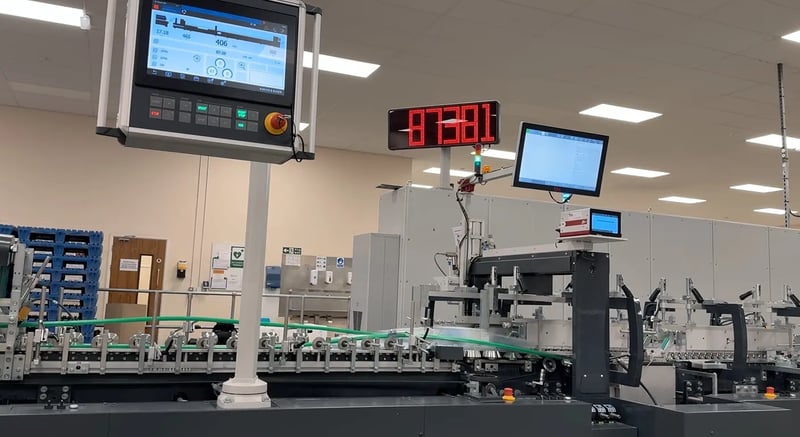 K&amp;B Folder-gluer screen shows a speed of 87,381 cartons per hour